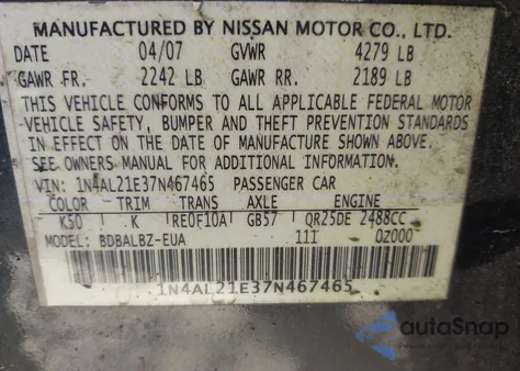 2007 Nissan Altima 2.5 S from USA, damaged, VIN 1N4AL21E37N467465